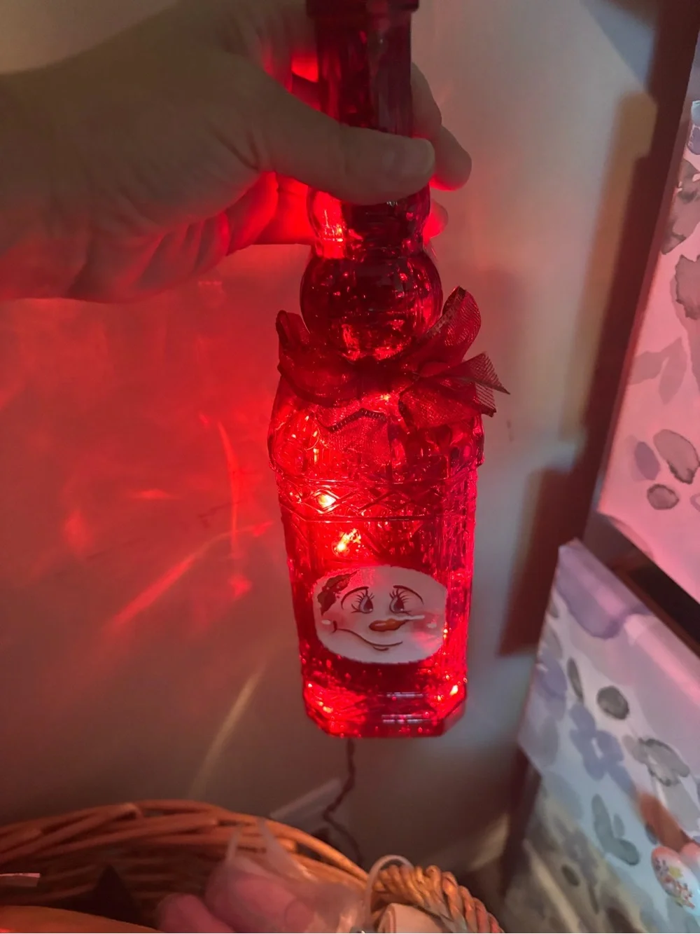Festive Red Glass Holiday Bottle Light with Snowman Accent
